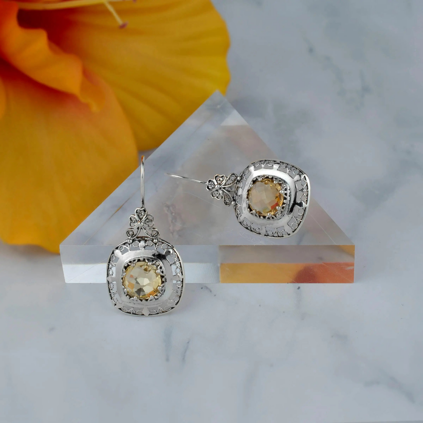 Filigree Art Citrine Gemstone Women Silver Drop Earrings