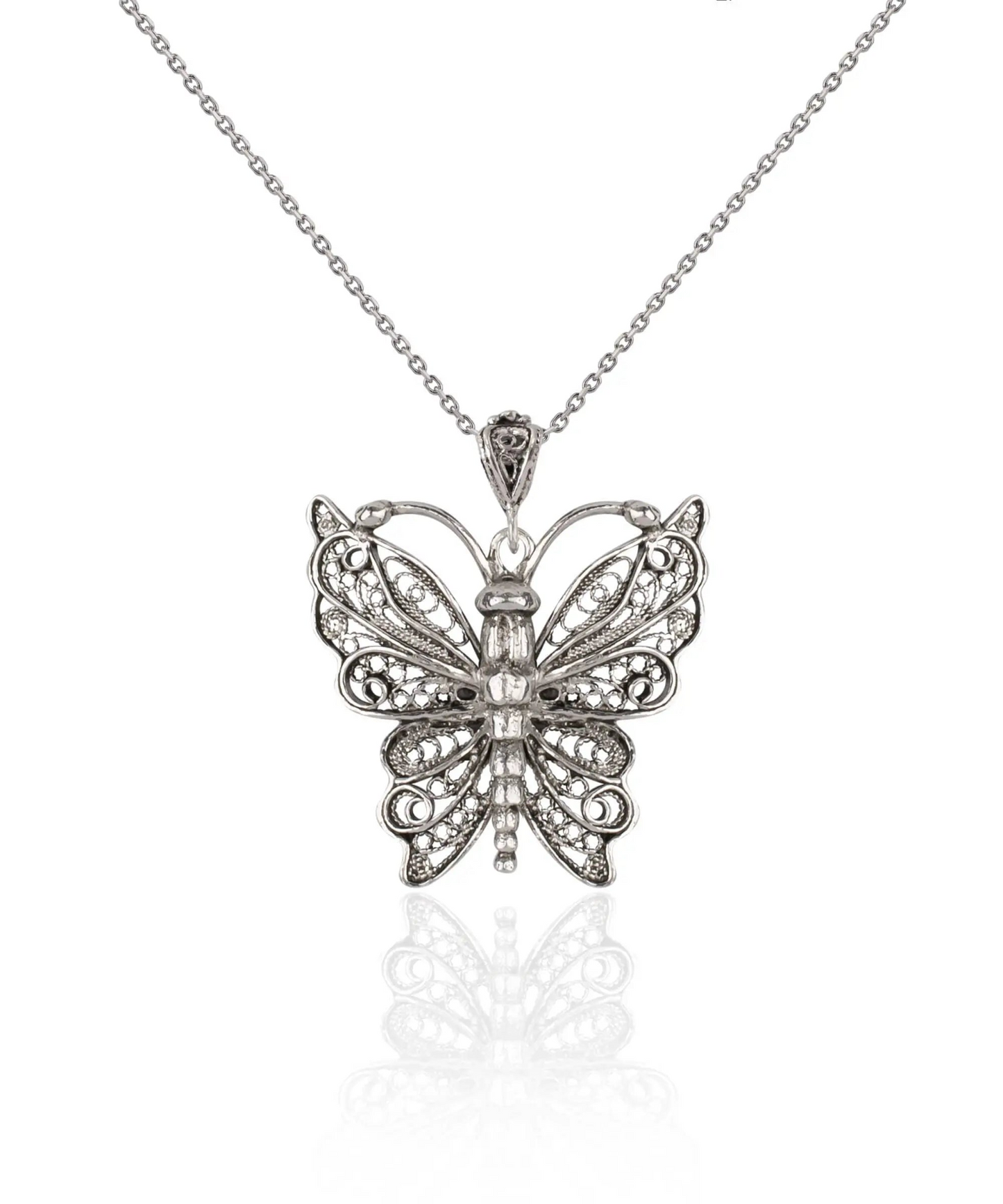 Filigree Art Butterfly Design Women Silver Pendant Necklace