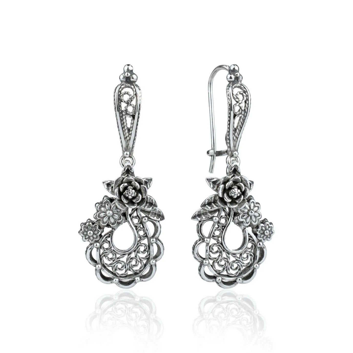 Filigree Art Flower Bucket Women Sterling Silver Dangle Drop Earrings