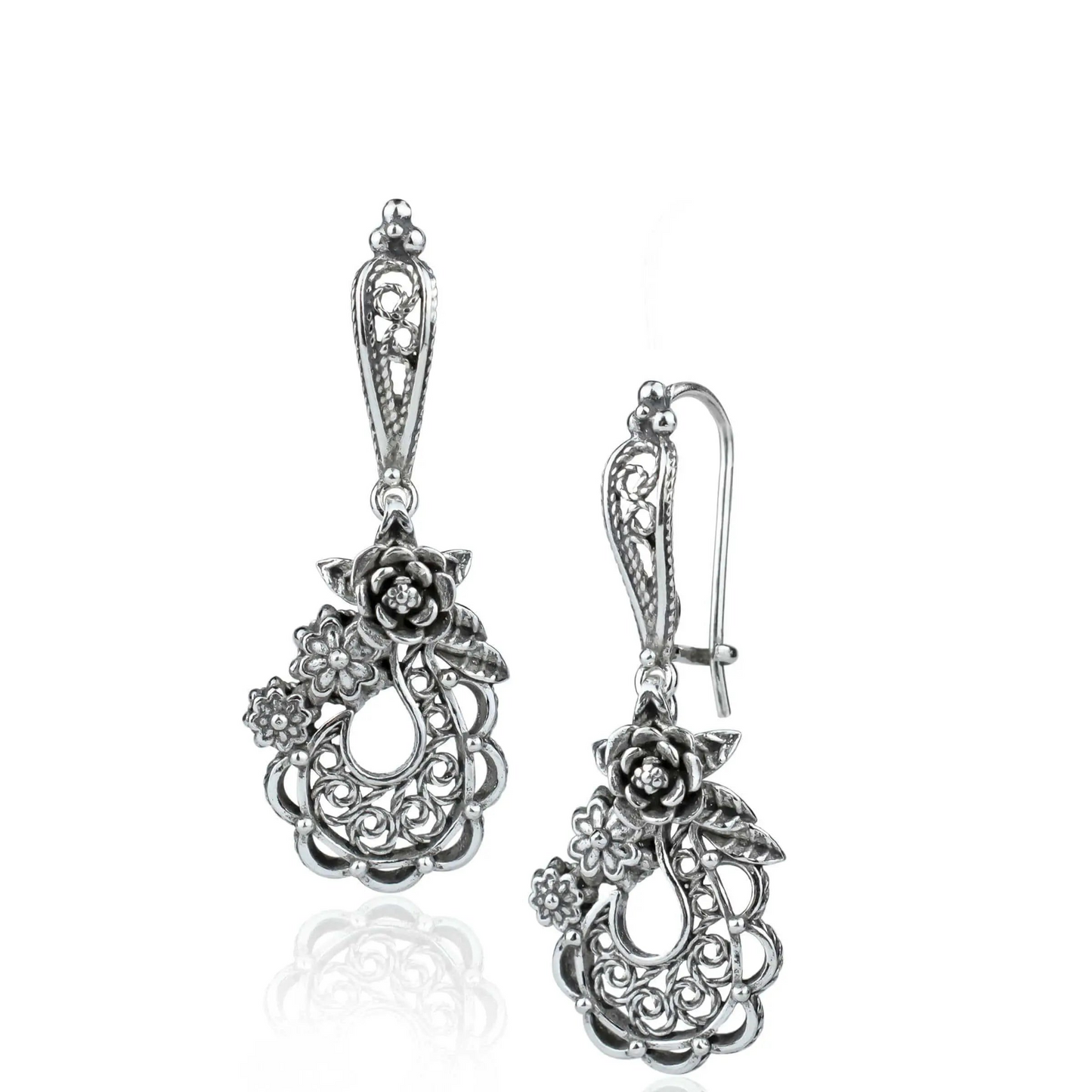 Filigree Art Flower Bucket Women Sterling Silver Dangle Drop Earrings