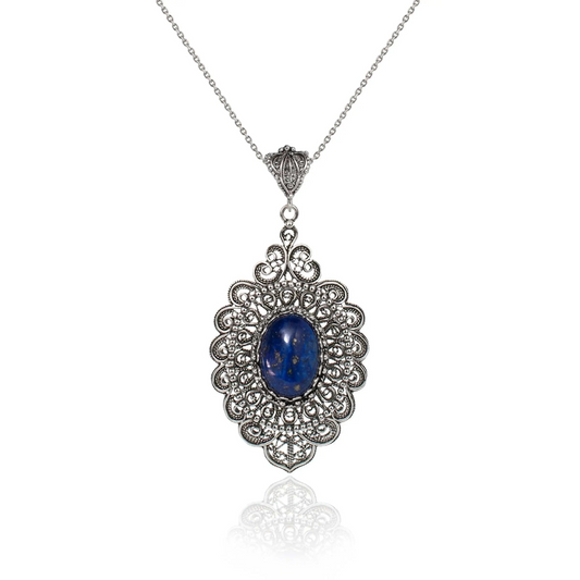 Filigree Art Lapis Lazuli Gemstone Floral Figured Women Silver Oval Pendant Necklace