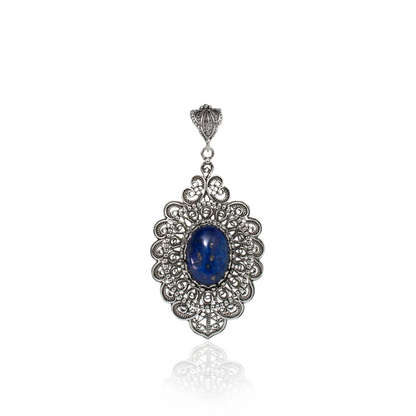 Filigree Art Lapis Lazuli Gemstone Floral Figured Women Silver Oval Pendant Necklace