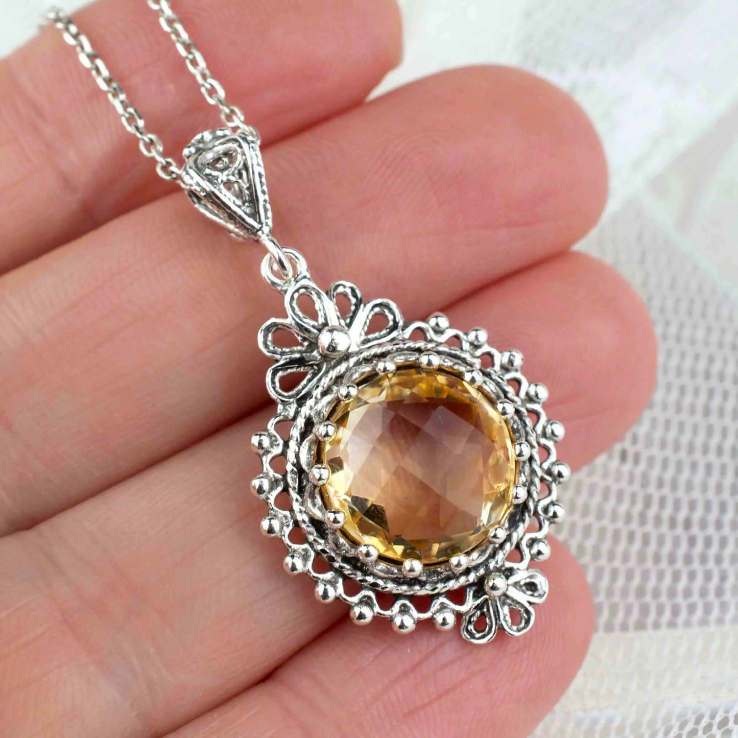 Filigree Art Citrine Gemstone Women Silver Boho Pendant Necklace