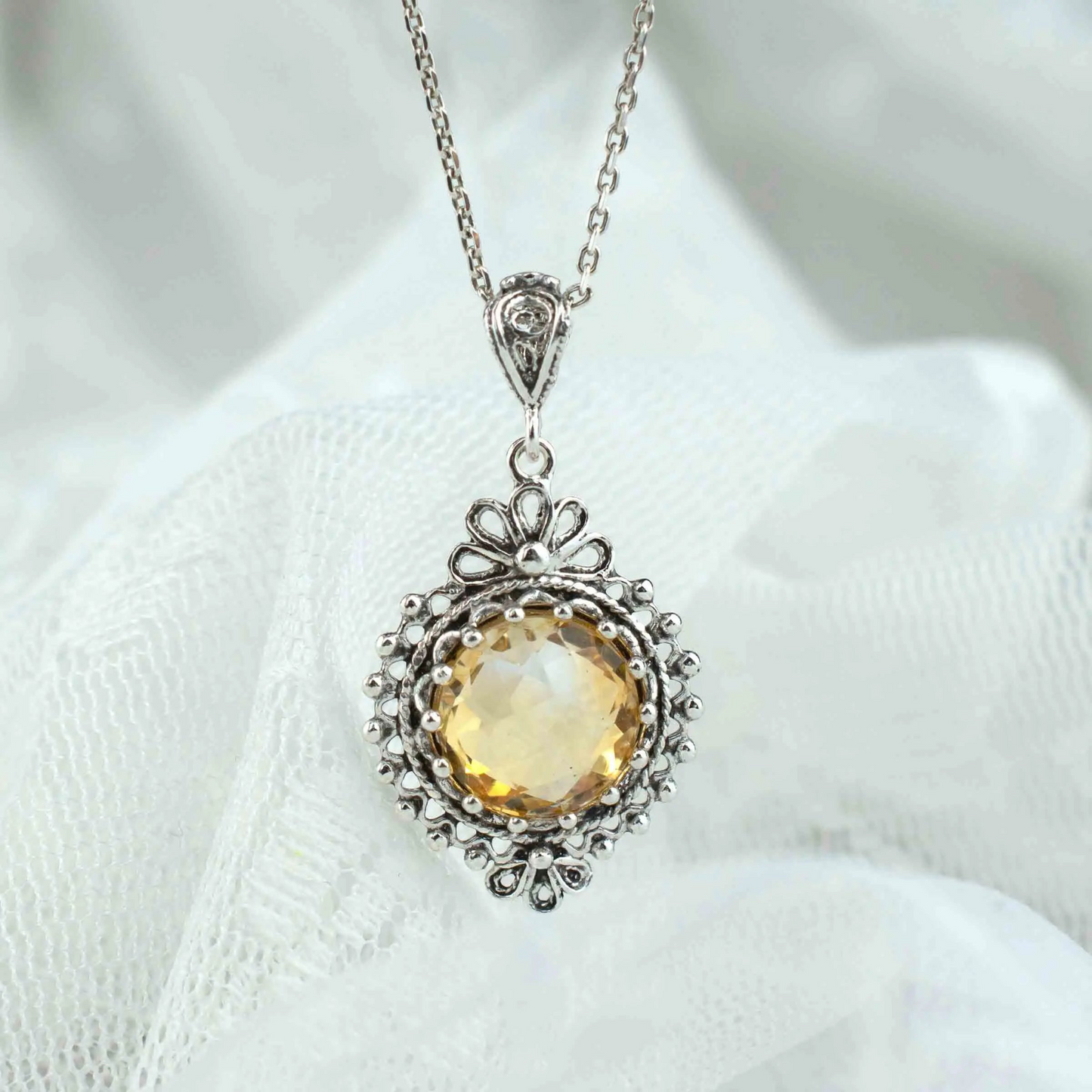 Filigree Art Citrine Gemstone Women Silver Boho Pendant Necklace