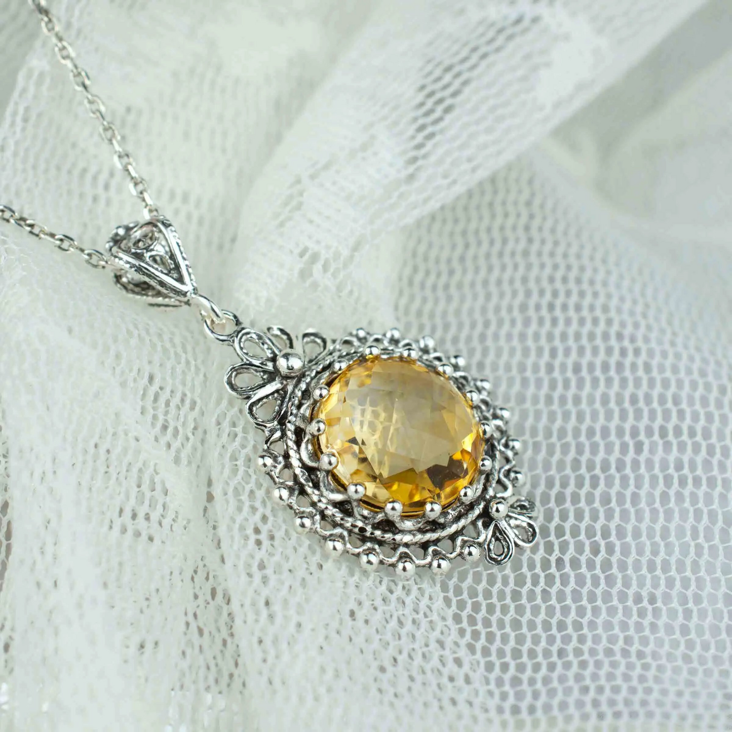 Filigree Art Citrine Gemstone Women Silver Boho Pendant Necklace