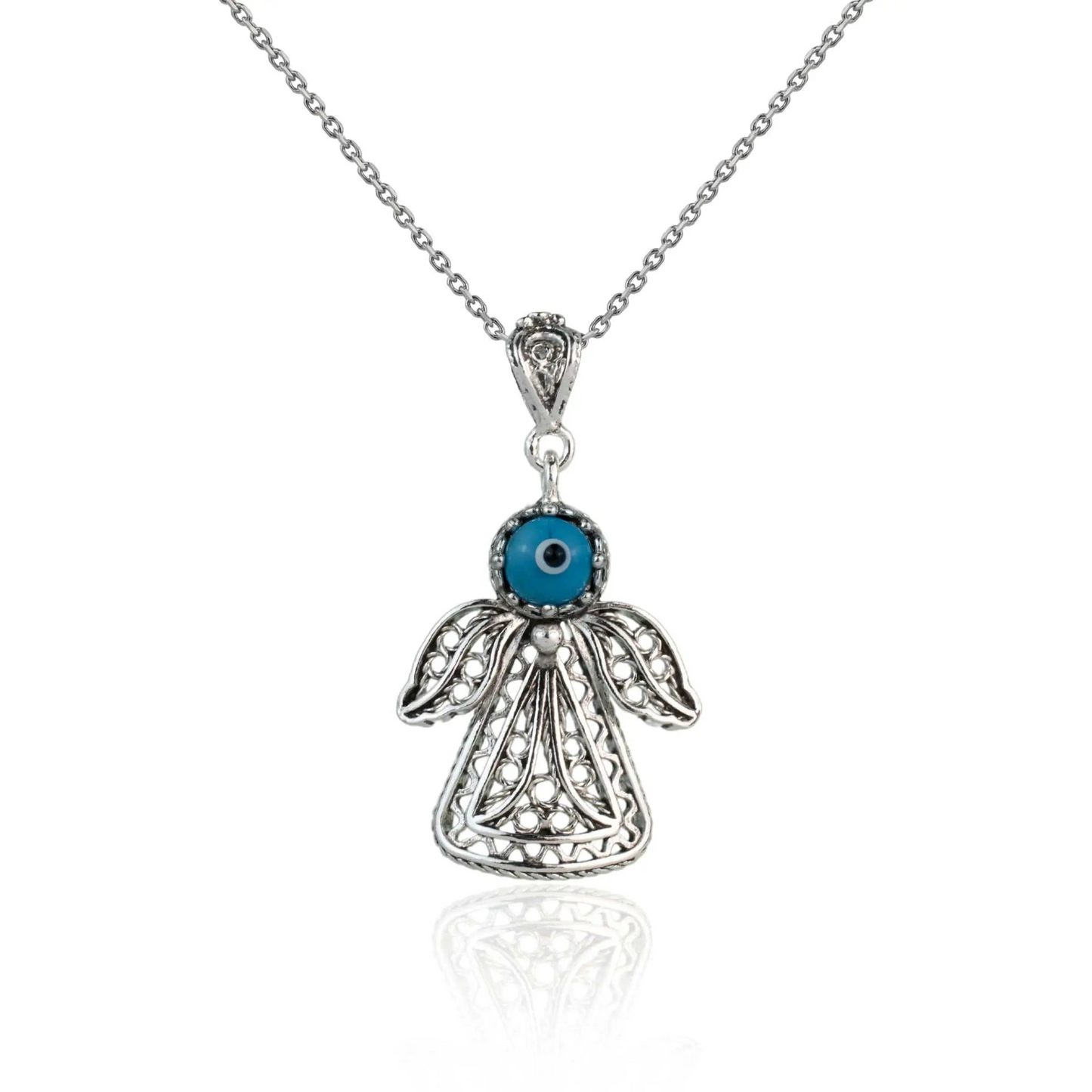 Filigree Art Evil Eye Beaded Angel Figured Women Silver Pendant Necklace