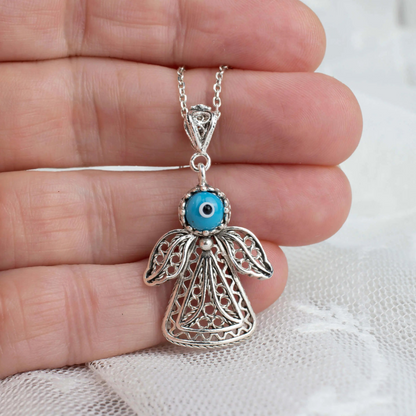 Filigree Art Evil Eye Beaded Angel Figured Women Silver Pendant Necklace