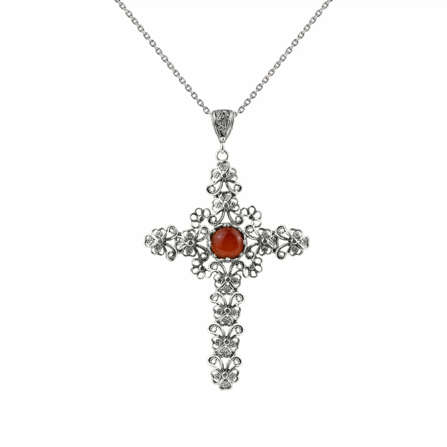 Filigree Art Carnelian Gemstone Silver Cross Design Women Pendant Necklace