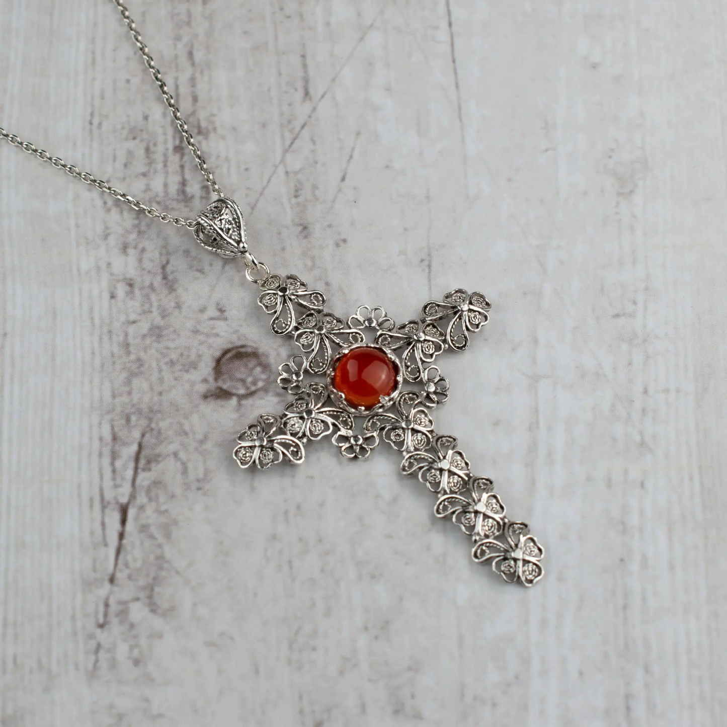 Filigree Art Carnelian Gemstone Silver Cross Design Women Pendant Necklace