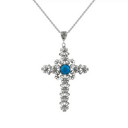 Filigree Art Turquoise Gemstone Silver Cross Design Women Pendant Necklace