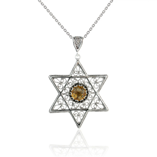 Filigree Art Citrine Gemstone Star of David Women Silver Pendant Necklace