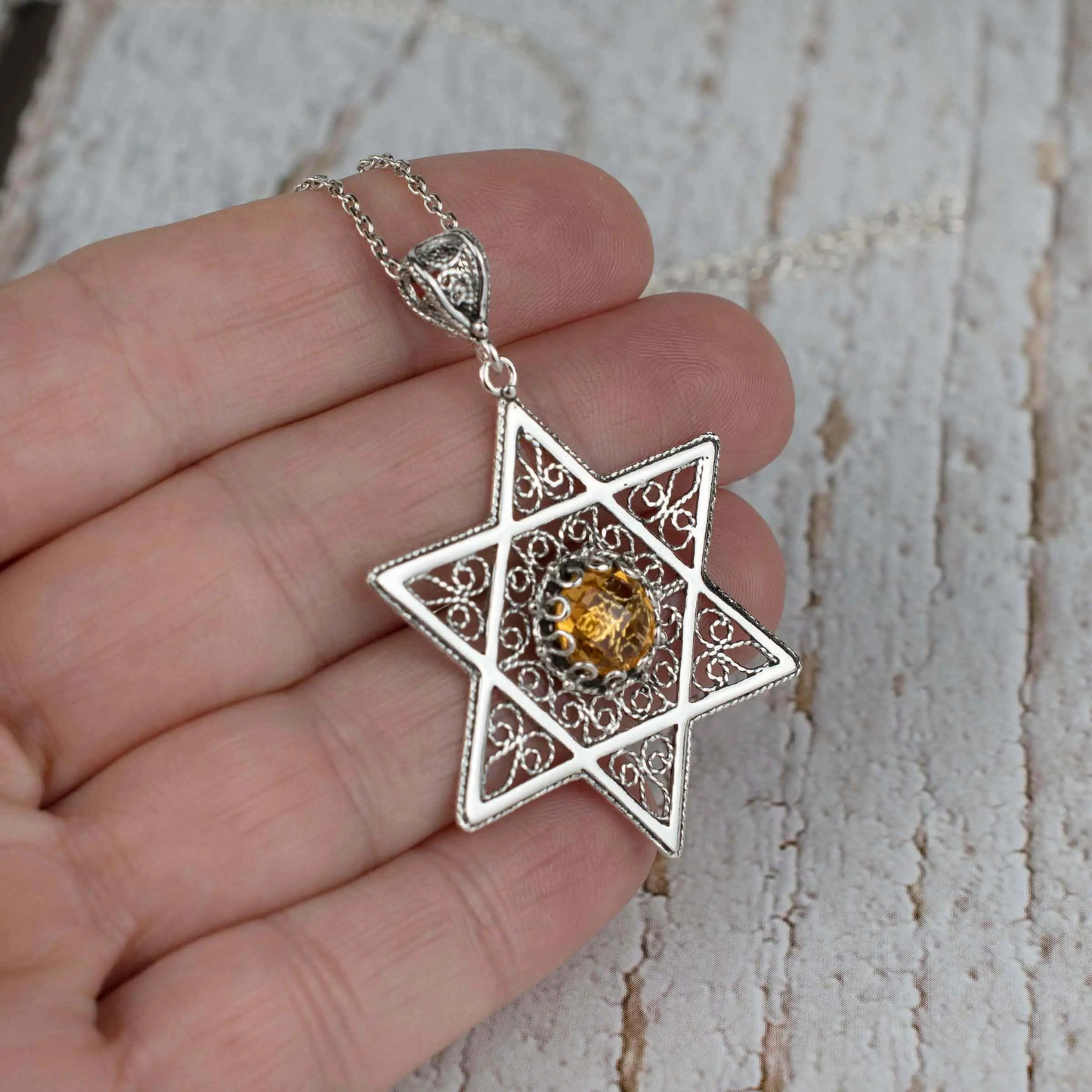 Filigree Art Citrine Gemstone Star of David Women Silver Pendant Necklace