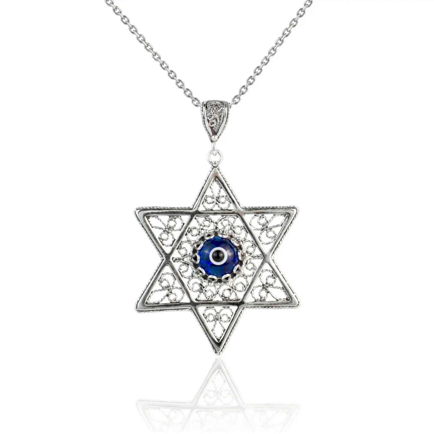 Filigree Art Evil Eye Stone Star of David Women Silver Pendant Necklace