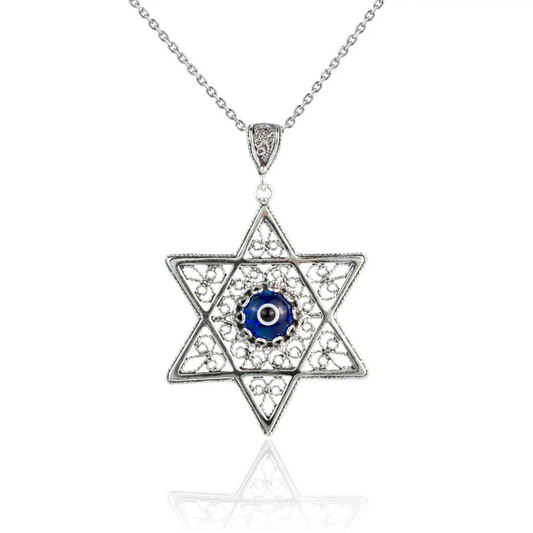 Filigree Art Evil Eye Stone Star of David Women Silver Pendant Necklace