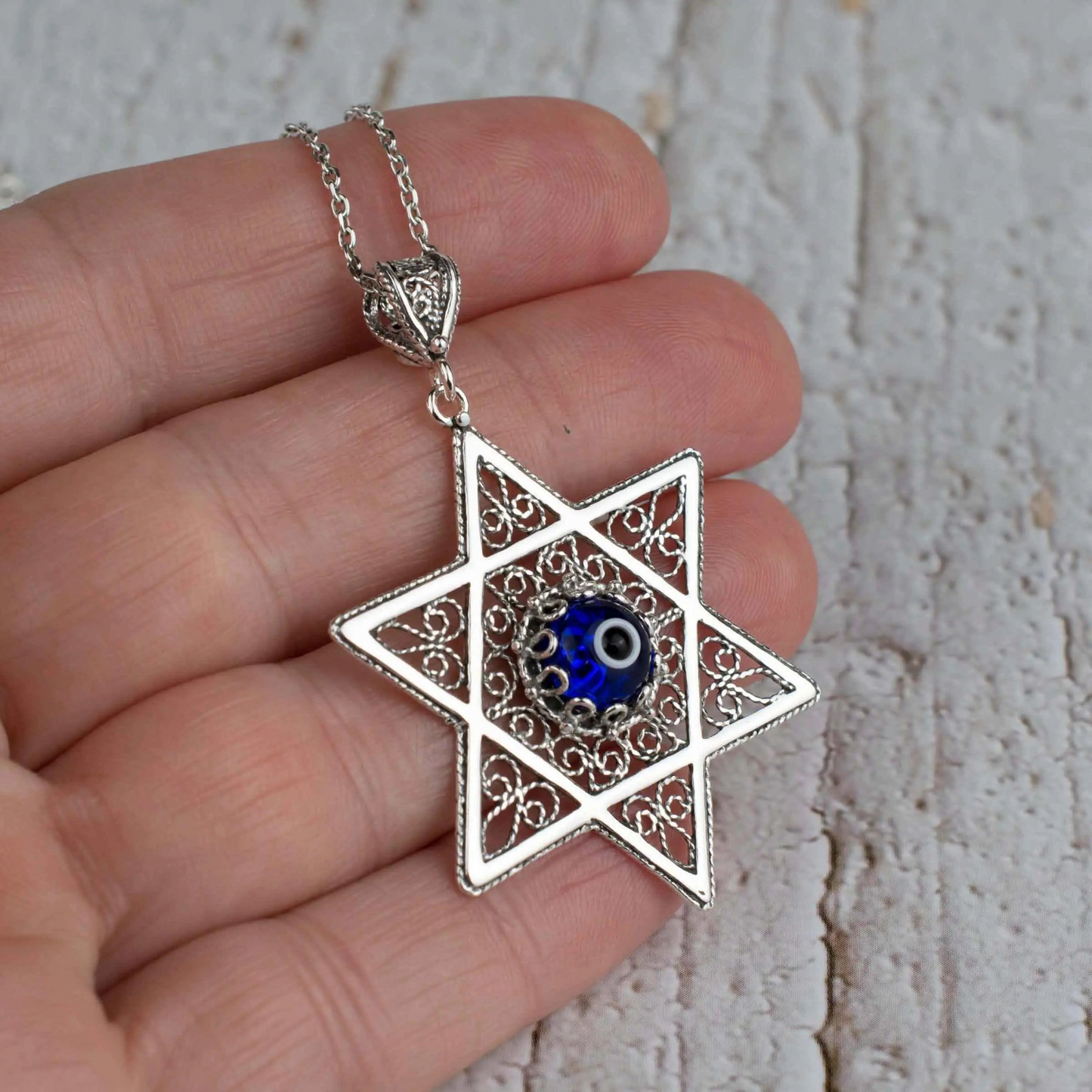 Filigree Art Evil Eye Stone Star of David Women Silver Pendant Necklace