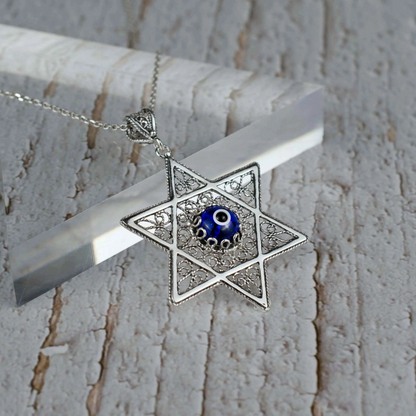 Filigree Art Evil Eye Stone Star of David Women Silver Pendant Necklace