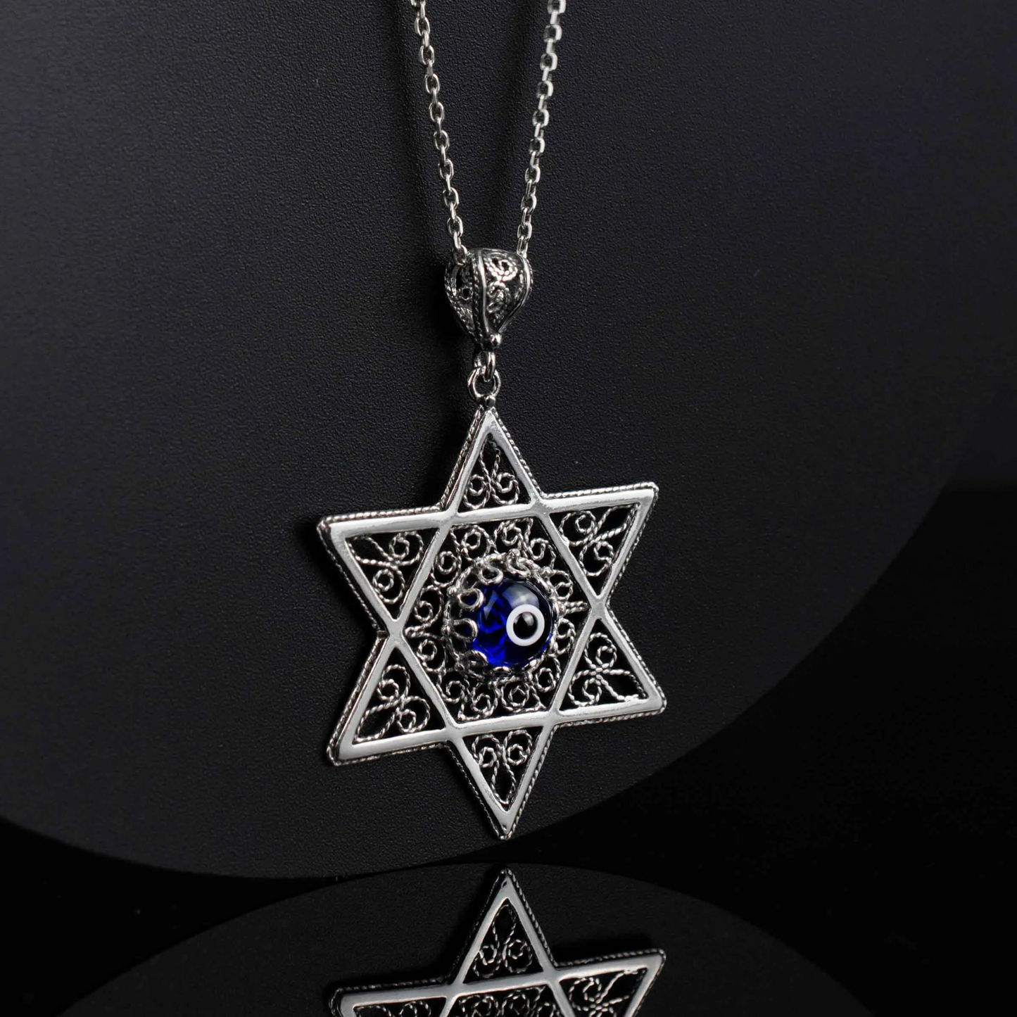 Filigree Art Evil Eye Stone Star of David Women Silver Pendant Necklace