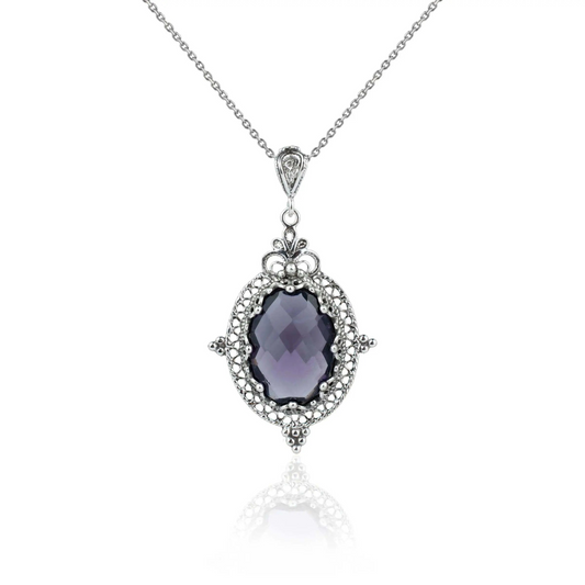 Filigree Art Amethyst Gemstone Women Silver Oval Pendant Necklace