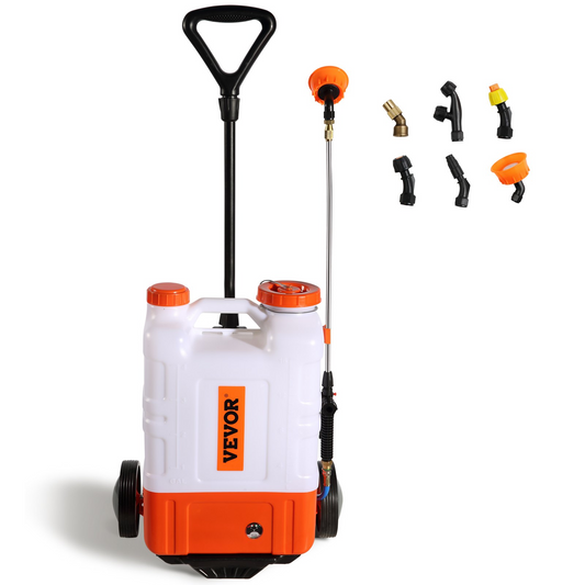 VEVOR Battery Powered Backpack Sprayer with Cart, 0-94 PSI Adjustable Pressure, 4 Gallon Tank on Wheels, with 8 Nozzles and 2 Wands, 12V 7.2Ah Battery, Wide Mouth Lid for Weeding, Spraying, Cleaning