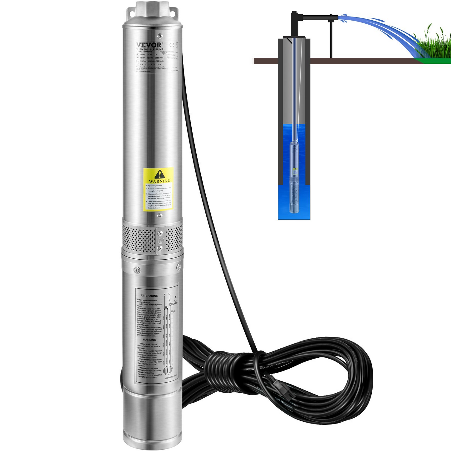 VEVOR Deep Well Submersible Pump, 0.5HP 115V/60Hz, 28gpm Flow 167ft Head, with 33ft Electric Cord, 4" Stainless Steel Water Pumps for Industrial, Irrigation&Home Use, IP68 Waterproof Grade