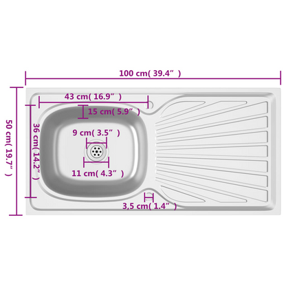 vidaXL Kitchen Sink with Drainer Set Silver 39.4"x19.7"x6.1" Stainless Steel