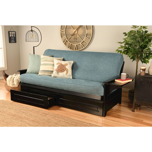 Phoenix Frame-Black Finish-Linen Aqua Mattress-Storage Drawers