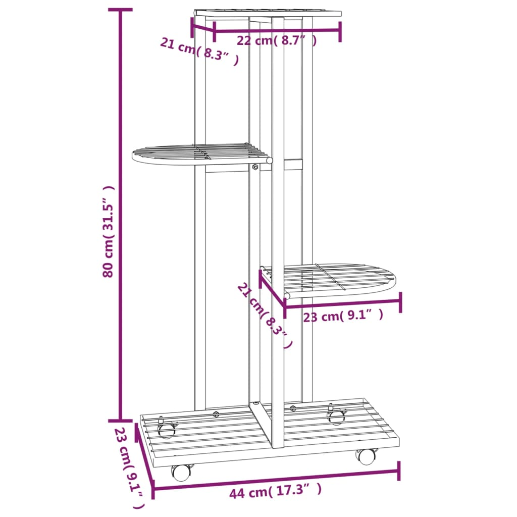 vidaXL 4-Floor Flower Stand with Wheels 17.3"x9.1"x31.5" Black Iron