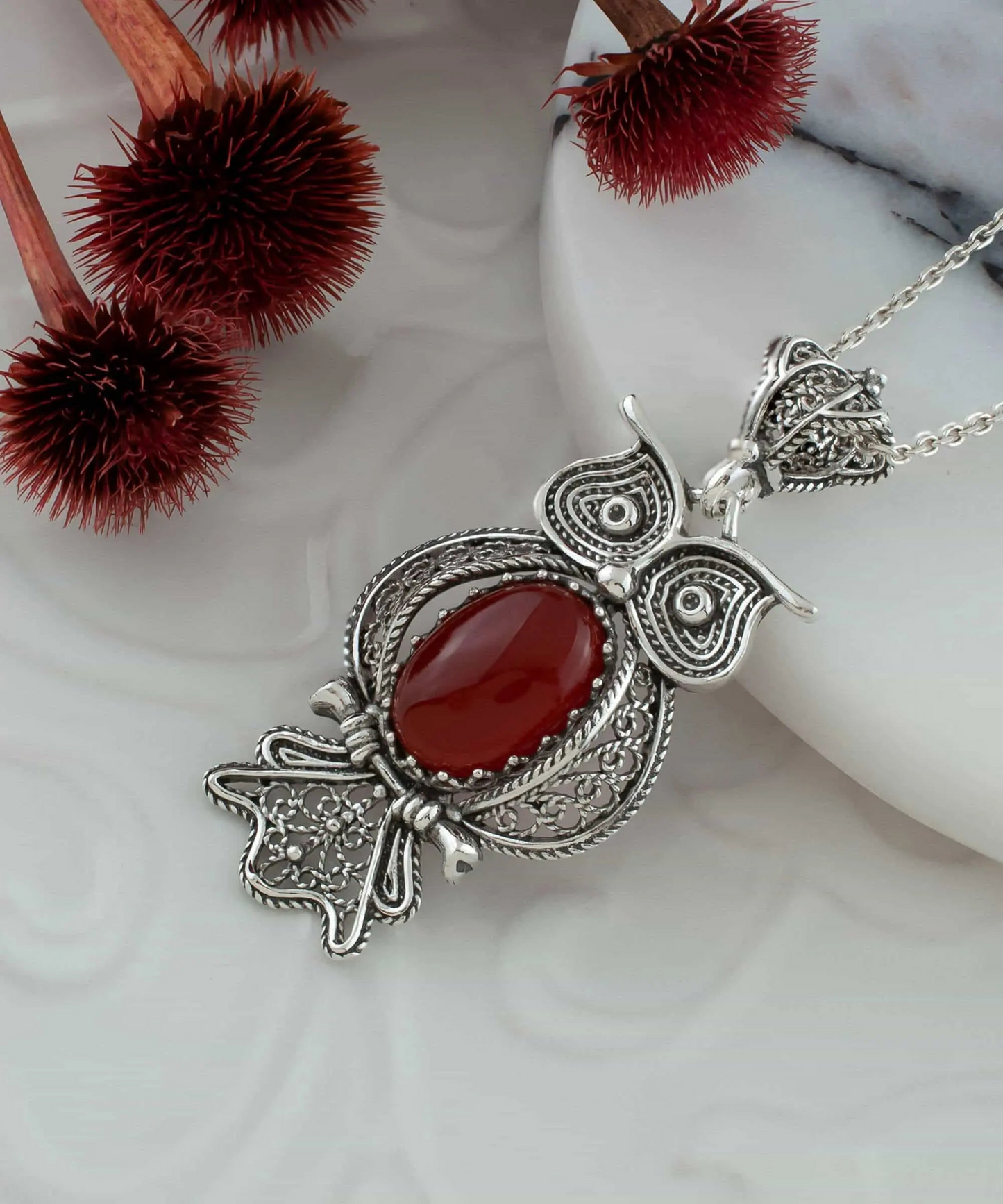 Filigree Art Owl Figured Carnelian Gemstone Women Silver Pendant Necklace