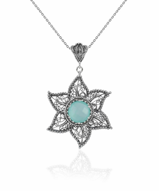 Filigree Art Aqua Chalcedony Gemstone Star Design Women Silver Pendant Necklace