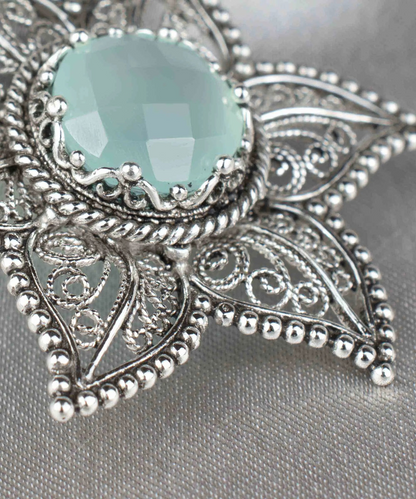 Filigree Art Aqua Chalcedony Gemstone Star Design Women Silver Pendant Necklace