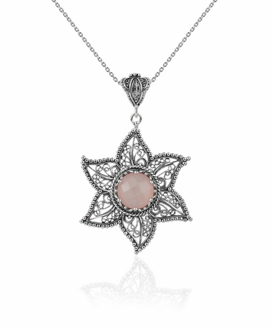 Filigree Art Pink Chalcedony Gemstone Star Design Women Silver Pendant Necklace