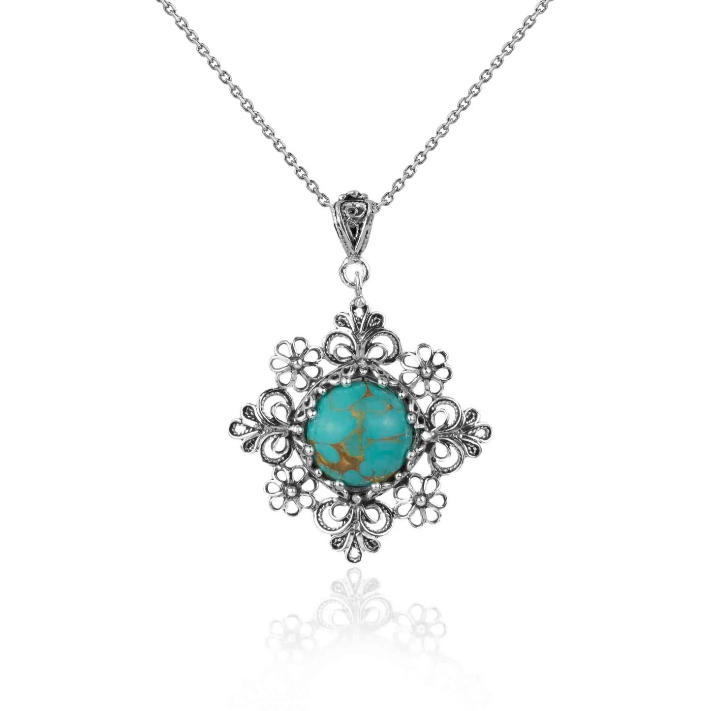 Filigree Art Turquoise Gemstone Daisy Design Women Silver Pendant Necklace