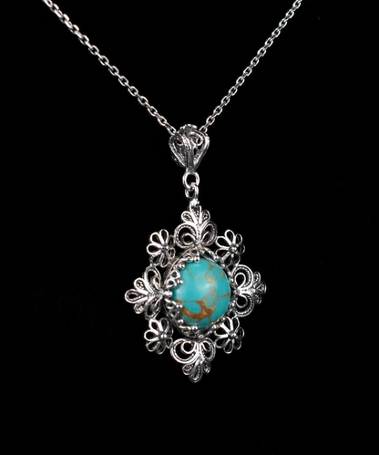 Filigree Art Turquoise Gemstone Daisy Design Women Silver Pendant Necklace