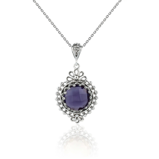 Filigree Art Amethyst Gemstone Women Silver Boho Pendant Necklace