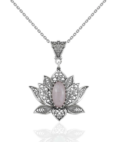 Filigree Art Rose Quartz Gemstone Blossoming Lotus Flower Women Silver Pendant Necklace