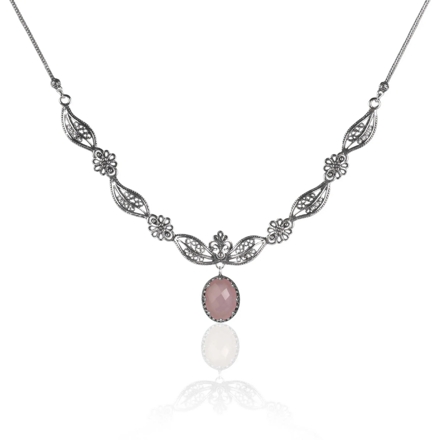 Filigree Art Pink Chalcedony Gemstone Women Silver Princess Necklace