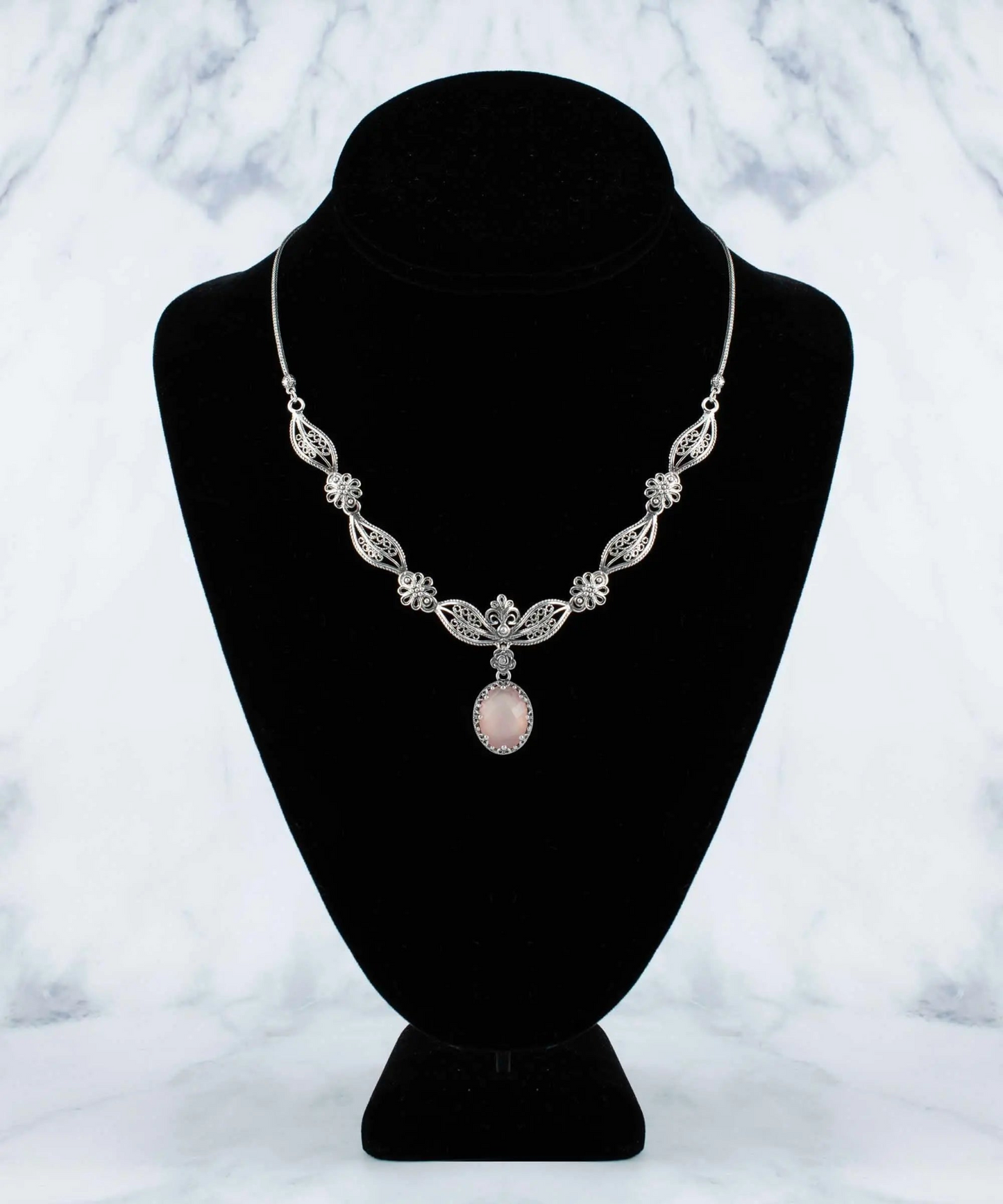 Filigree Art Pink Chalcedony Gemstone Women Silver Princess Necklace