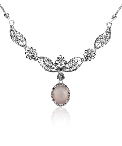 Filigree Art Pink Chalcedony Gemstone Women Silver Princess Necklace