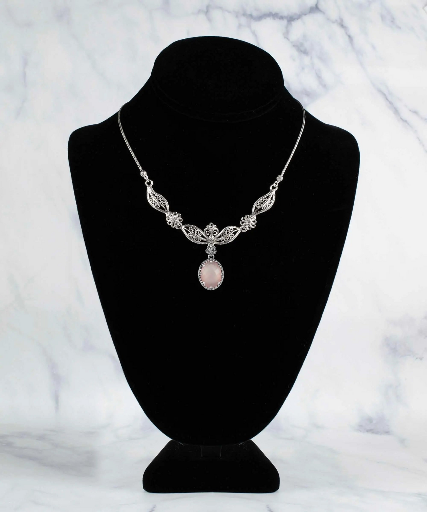 Filigree Art Pink Chalcedony Gemstone Women Silver Princess Necklace