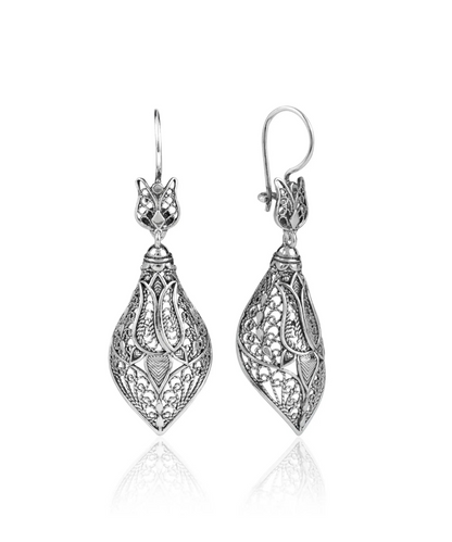 Filigree Art Tulip Figured Women Sterling Silver Dangle Drop Earrings