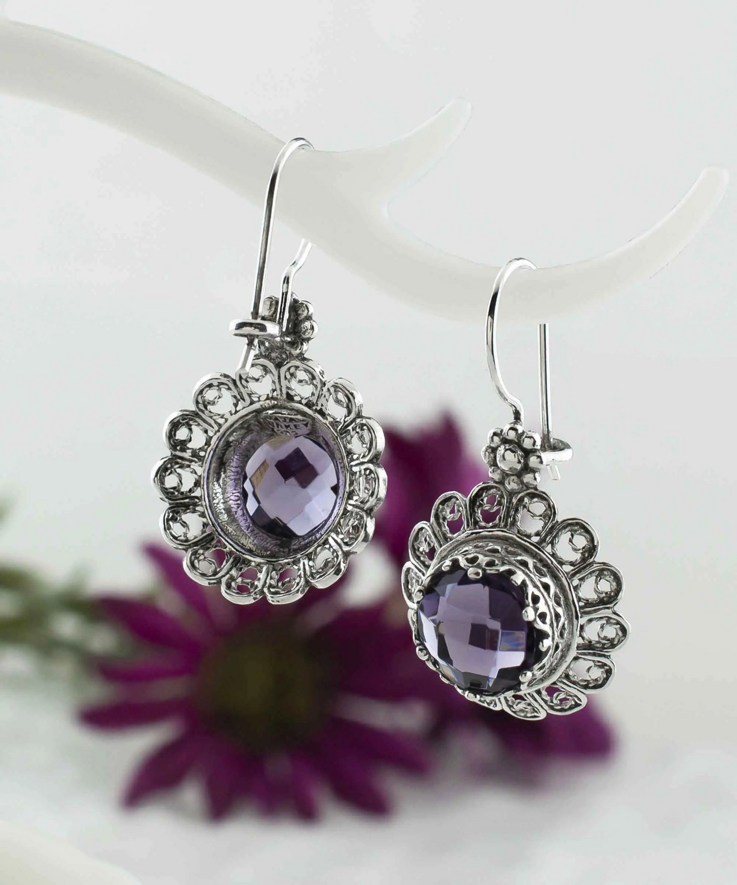 Filigree Art Flower Design Amethyst Gemstone Women Silver Drop Earrings