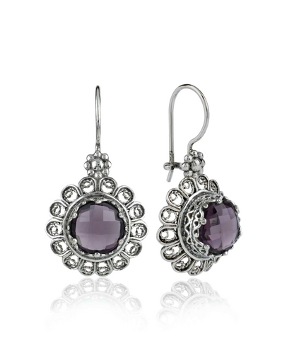 Filigree Art Flower Design Amethyst Gemstone Women Silver Drop Earrings