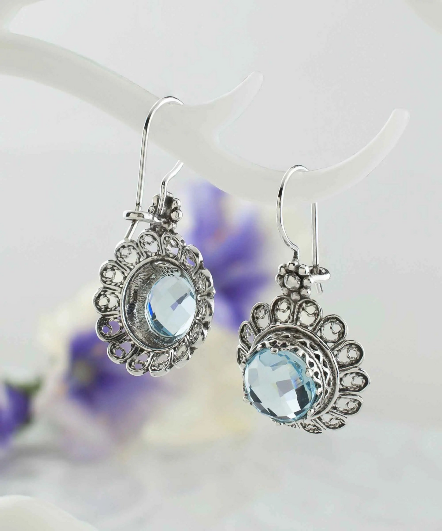 Filigree Art Flower Design Blue Topaz Gemstone Women Silver Drop Earrings