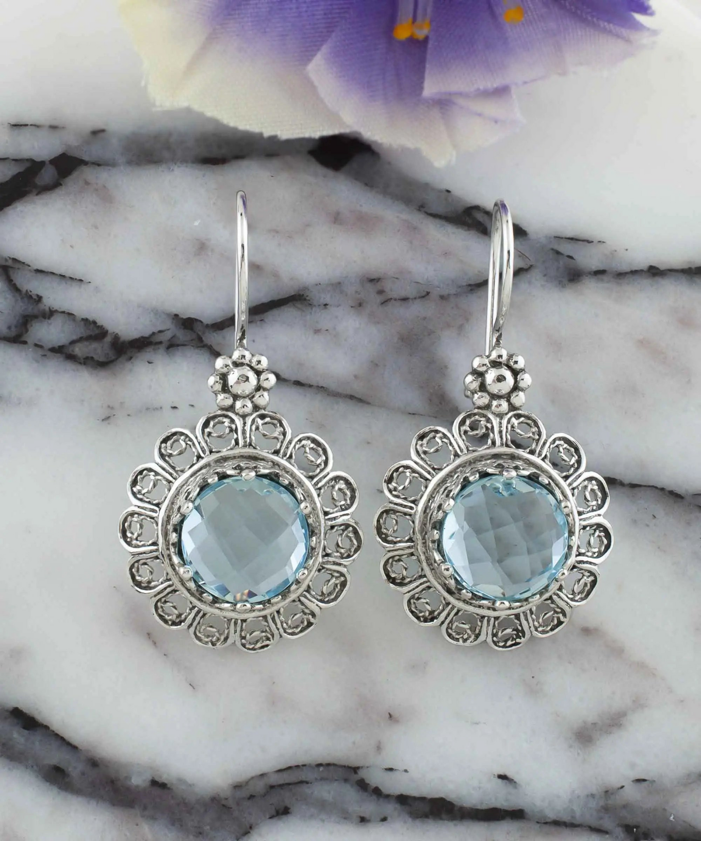 Filigree Art Flower Design Blue Topaz Gemstone Women Silver Drop Earrings