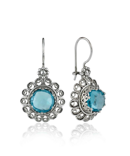 Filigree Art Flower Design Blue Topaz Gemstone Women Silver Drop Earrings