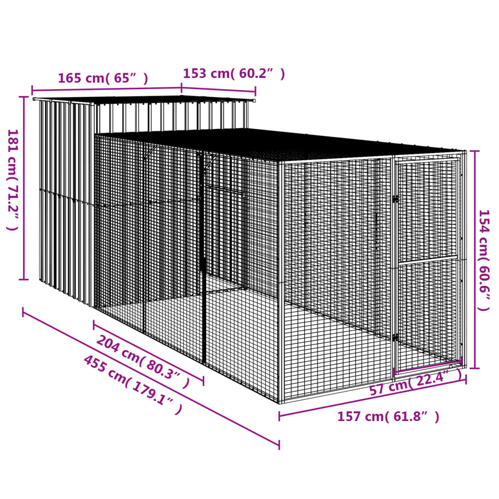 vidaXL Chicken Cage with Run Anthracite 65"x179.1"x71.3" Galvanized Steel