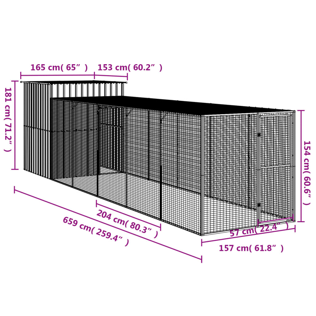 vidaXL Chicken Cage with Run Anthracite 65"x259.4"x71.3" Galvanized Steel