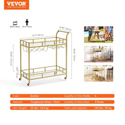 VEVOR 2 Tiers Gold Metal Bar Serving Cart with Wine Rack Glass Holder 120 LBS