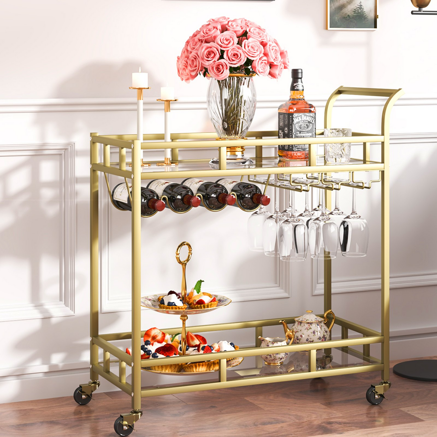 VEVOR 2 Tiers Gold Metal Bar Serving Cart with Wine Rack Glass Holder 120 LBS