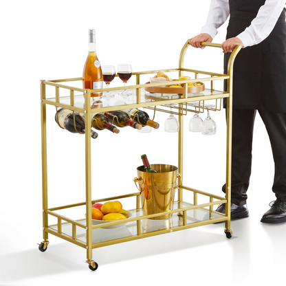 VEVOR 2 Tiers Gold Metal Bar Serving Cart with Wine Rack Glass Holder 120 LBS